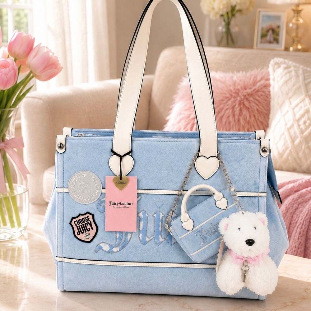 Juicy Couture Light Blue Velour Tote Bag with Teddy Bear Charm